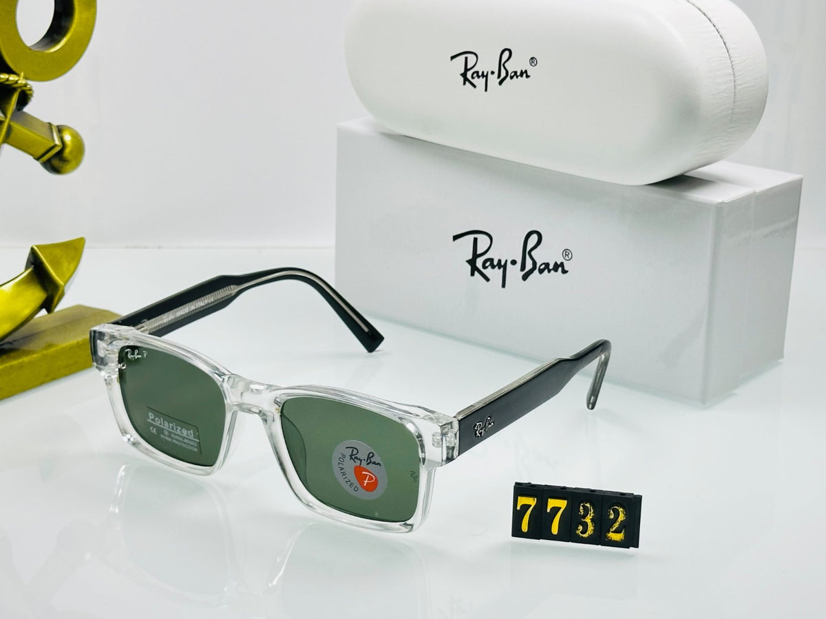 Ray-Ban rectangular sunglasses with transparent frame, black temples and green polarized lenses
