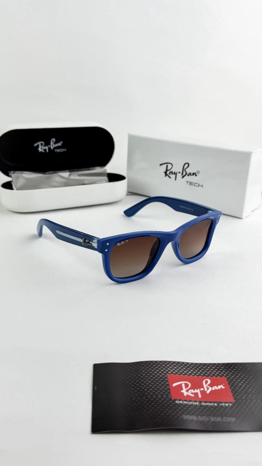Blue frame reverse-style polarized sunglasses with case and box