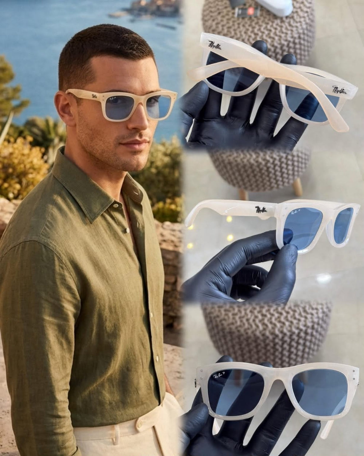Ray-Ban Reverse white frame blue lens sunglasses lifestyle and product collage