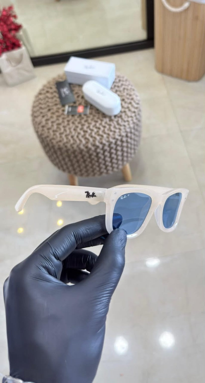 White frame blue lens sunglasses side view