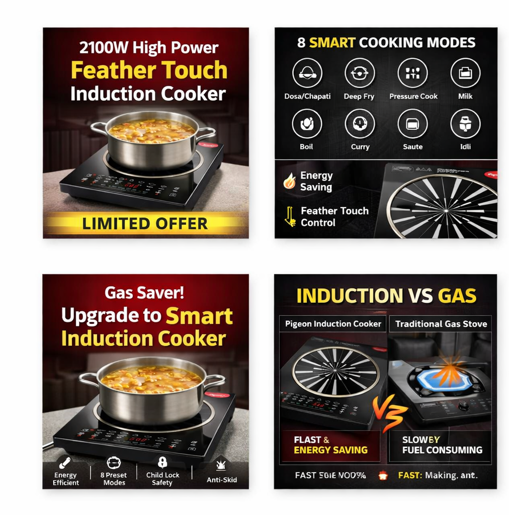 Pigeon Rapido Anti-Skid Induction Cooktop – 2100W High Power | 8 Preset Menus | Feather Touch Control | Energy Saving Cooker