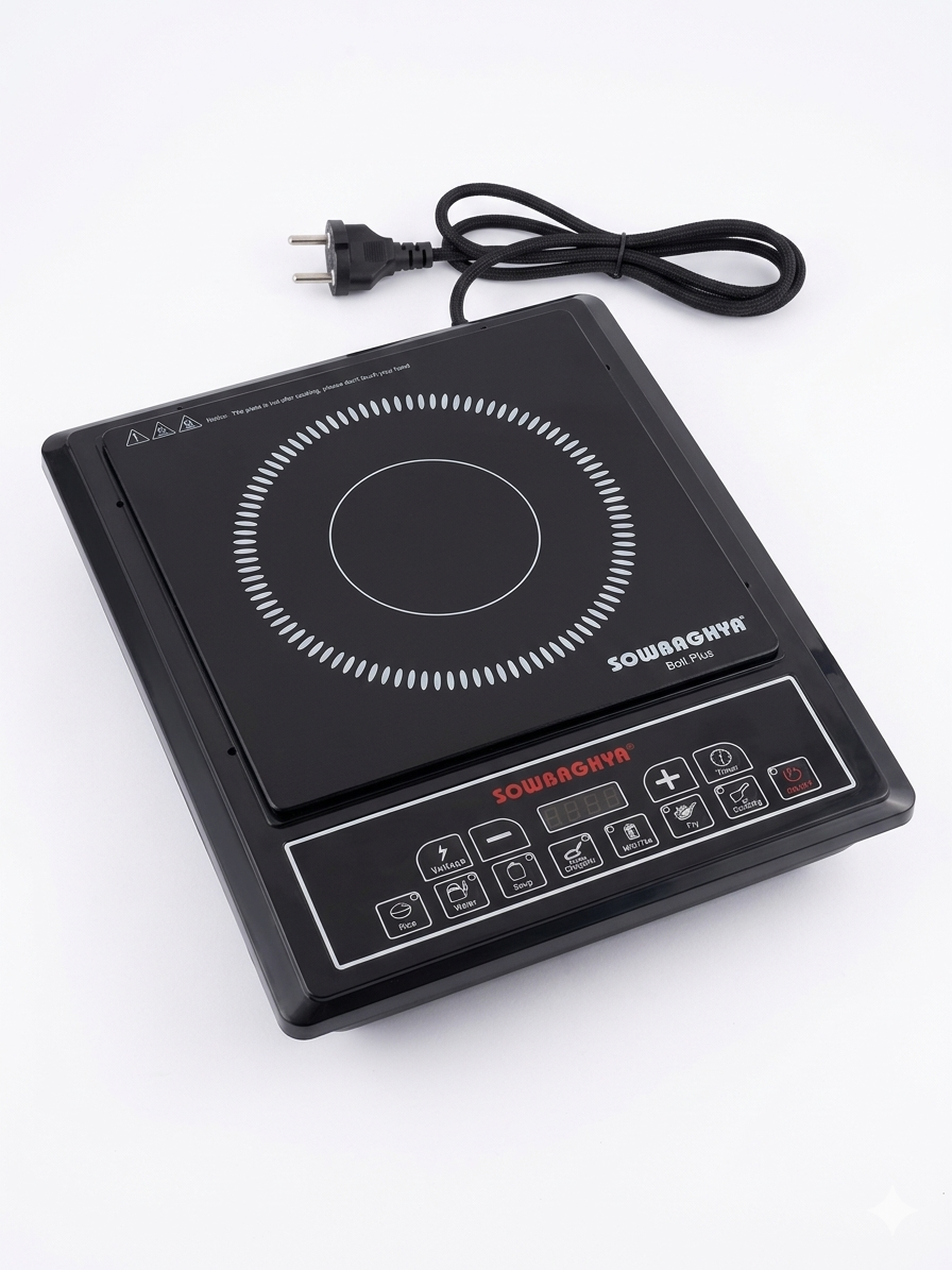 Sowbaghya Bolt Plus Induction Stove – 1600W, Touch Control, 7 Cooking Functions, 12 Months Warranty