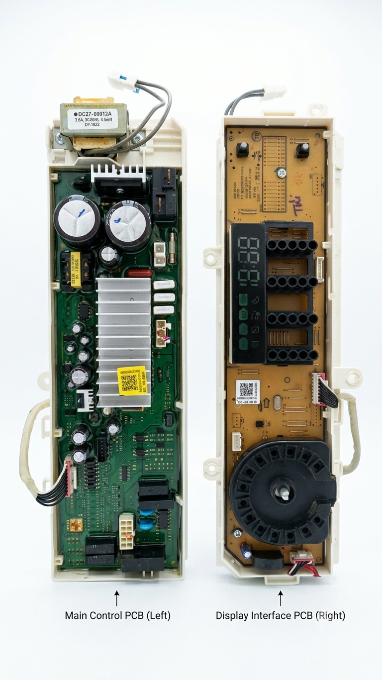 Refurbished Samsung Front Load Washing Machine Control Board Assembly (Main Power PCB + Digital Display Panel) – Part No. DC27-00012A / WW4000J Series