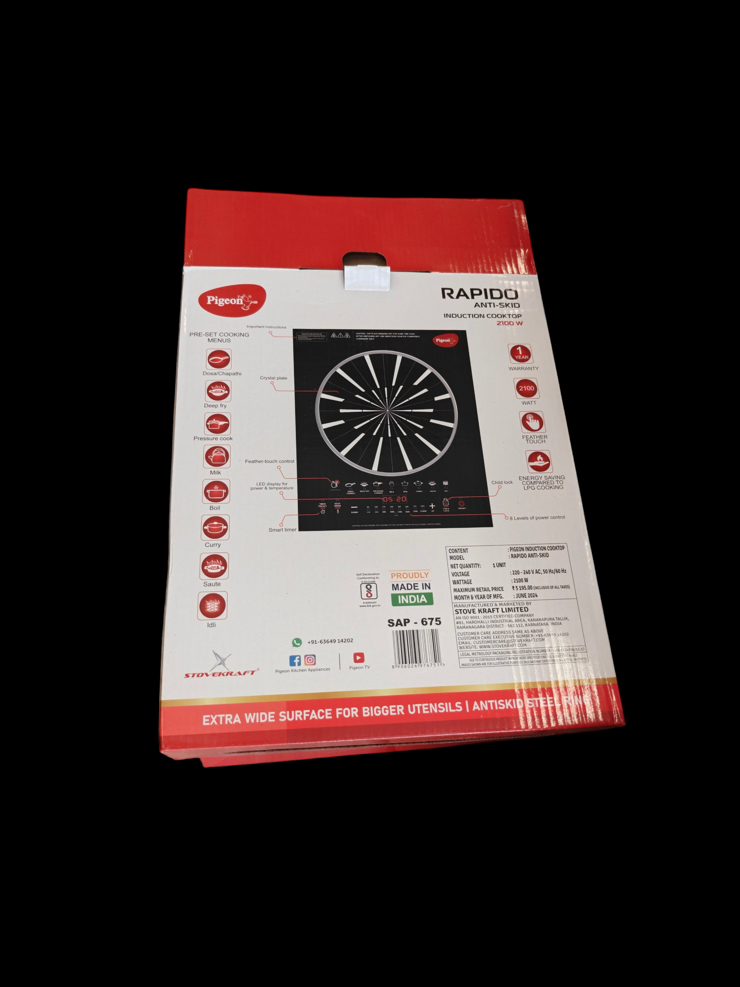 Pigeon Rapido Anti-Skid Induction Cooktop – 2100W High Power | 8 Preset Menus | Feather Touch Control | Energy Saving Cooker