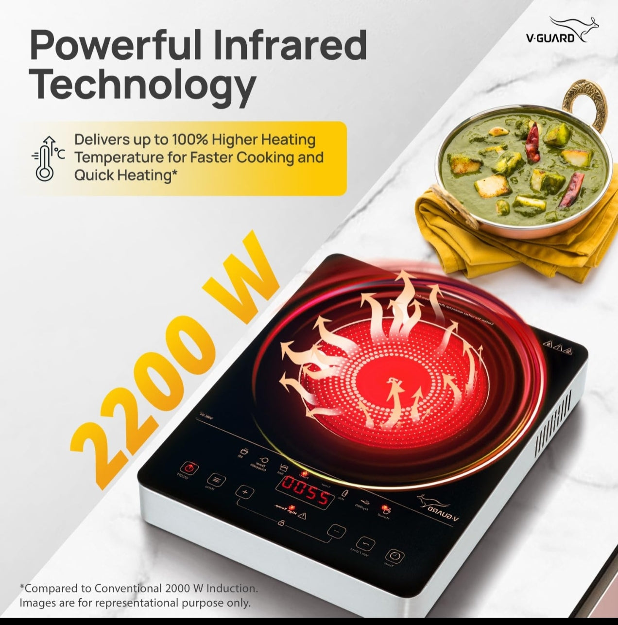 V-Guard VIRC 02 2200W Infrared Cooktop with Touch Panel (Works with All Cookware)