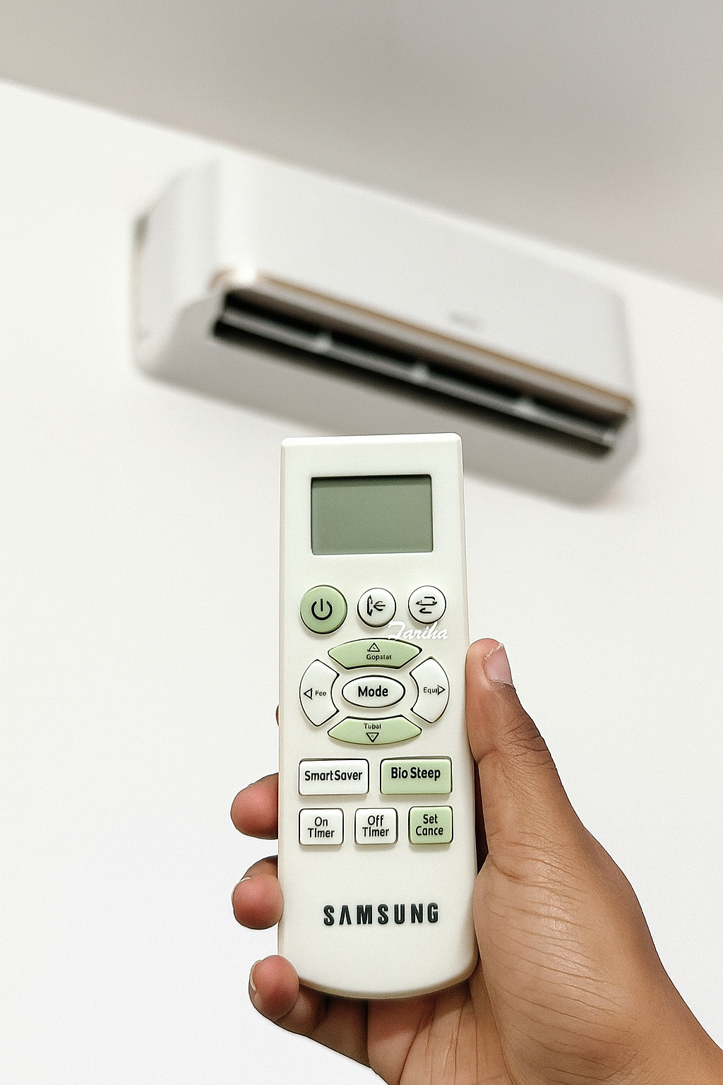 Samsung AC Remote AC68 back view — 2 AAA batteries plug play India Faritha 2026