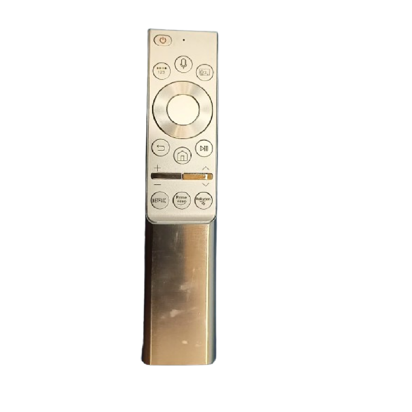 Samsung Smart TV voice remote back view — metal body rechargeable USB-C India Faritha 2026