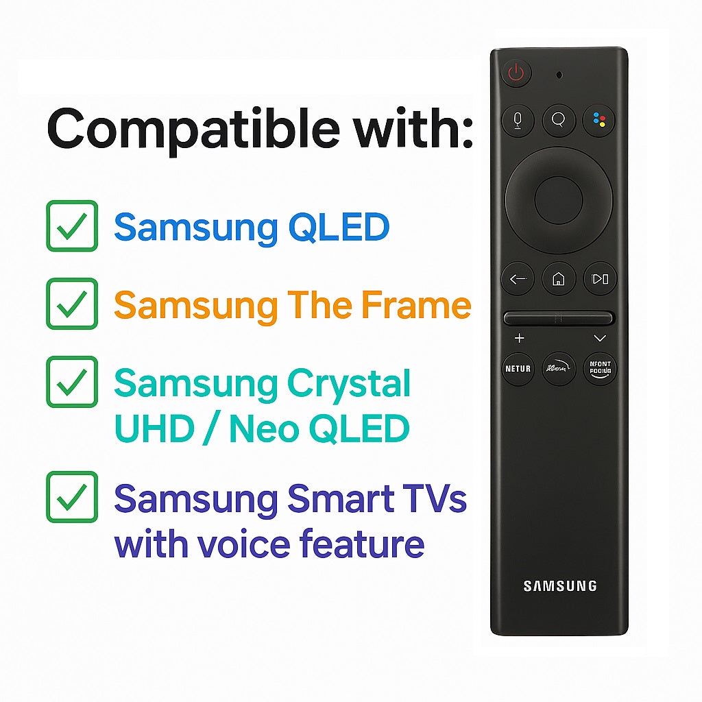 Samsung remote control with compatibility text for Samsung QLED, The Frame, Crystal UHD, and Smart TVs on a white background.