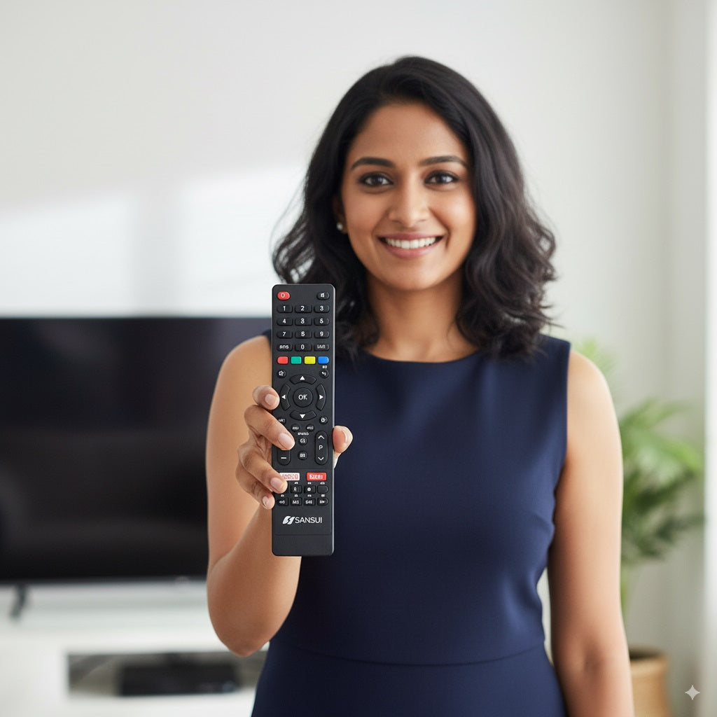 Sansui Smart TV Remote lifestyle — woman using Sansui TV replacement remote India