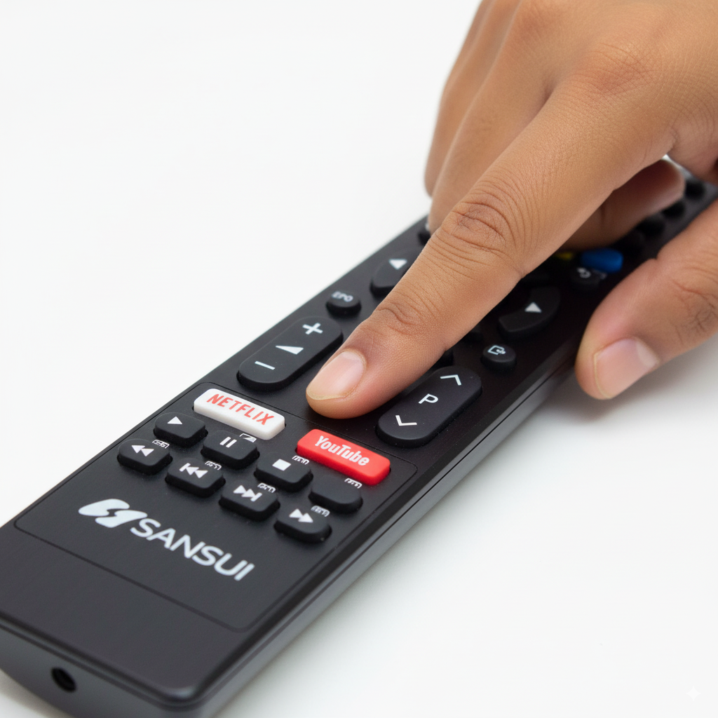 Sansui TV Remote back view — batteries no programming India Faritha