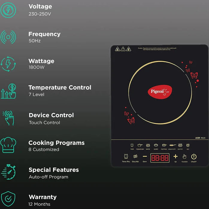 Pigeon Acer Plus 1800W Induction Cooktop with Touch Control & LED Display#
