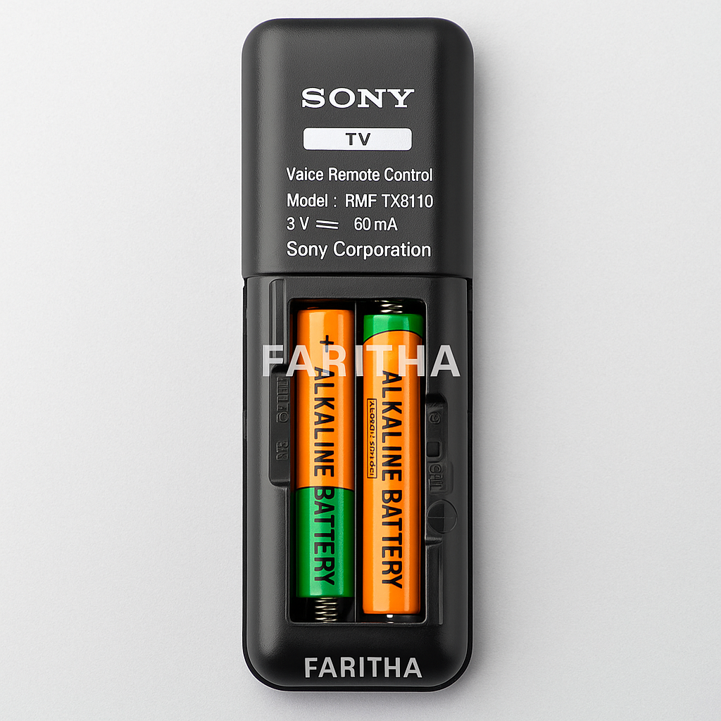 Back view of Sony RMF-TX811D remote showing open battery compartment with two AAA batteries inserted, clear FARITHA branding

