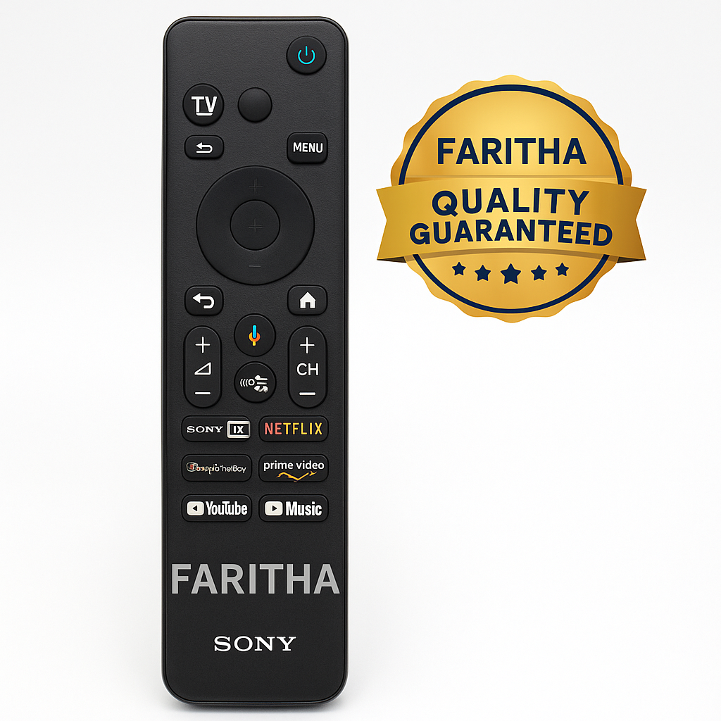 Sony Smart TV remote RMF-TX811D with FARITHA quality guaranteed badge displayed, showing trusted original remote branding
