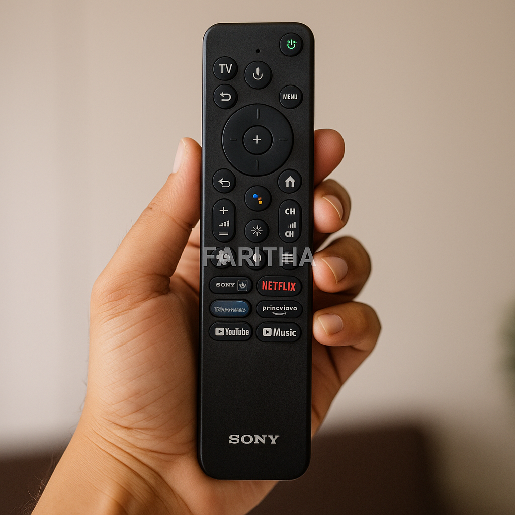 Sony RMF-TX811D smart TV remote held in hand to show ergonomic size and button layout, with FARITHA watermark
