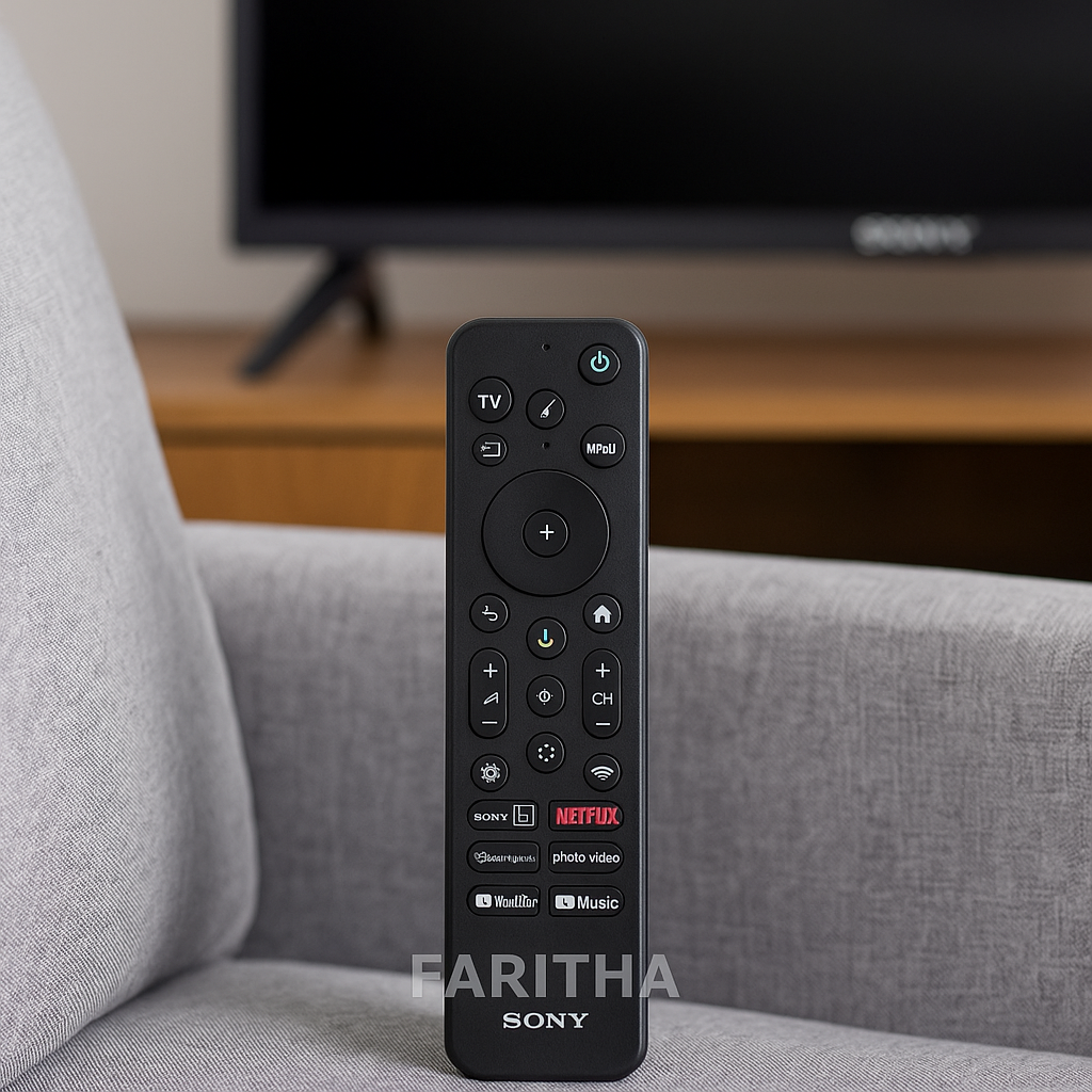 Sony Smart TV remote RMF-TX811D placed on a grey fabric sofa with a Sony TV in the background, showing lifestyle usage, branded FARITHA
