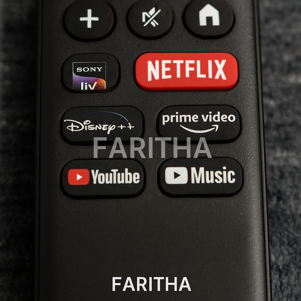 Close-up view of Sony RMF-TX811D remote showing OTT shortcut buttons for Netflix, Prime Video, Disney+ Hotstar, SonyLiv, and YouTube with FARITHA branding
