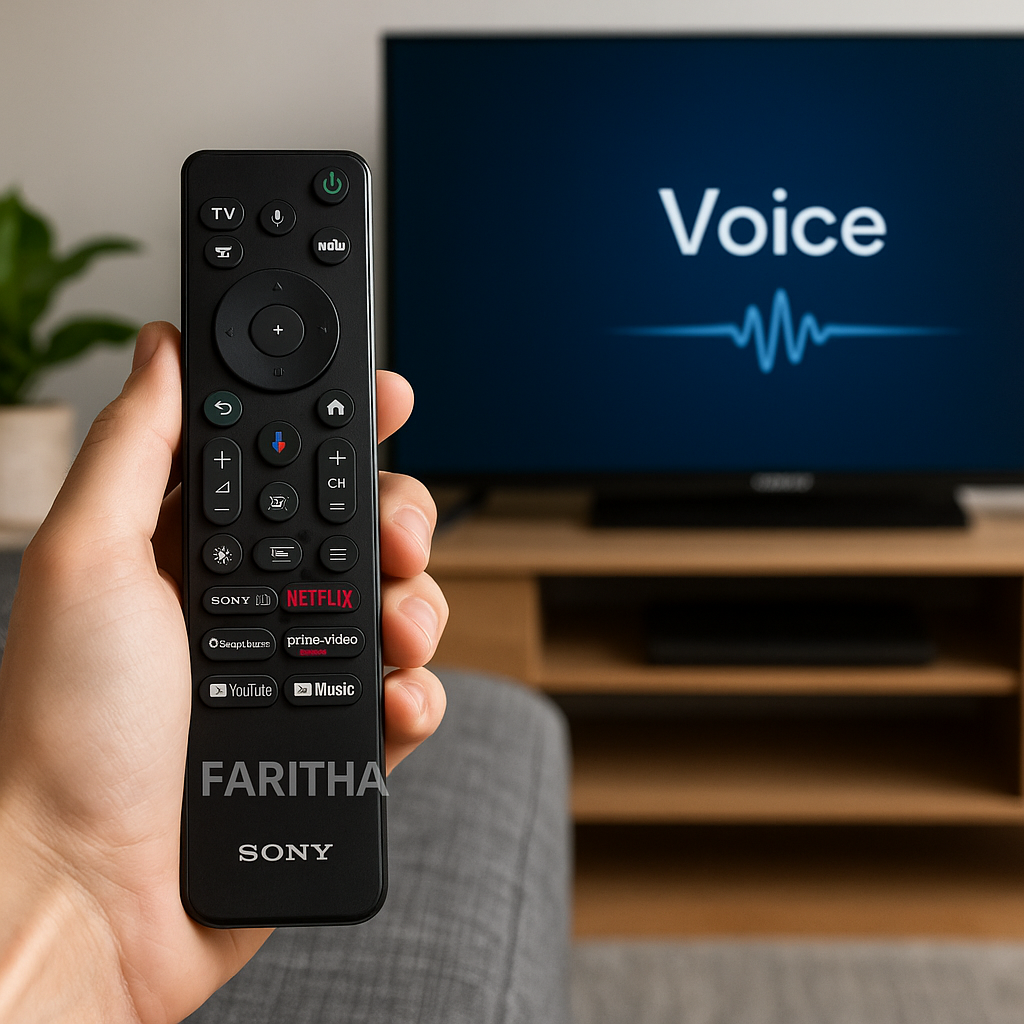 Sony Smart TV remote RMF-TX811D used with voice control feature shown on TV screen, with FARITHA branding
