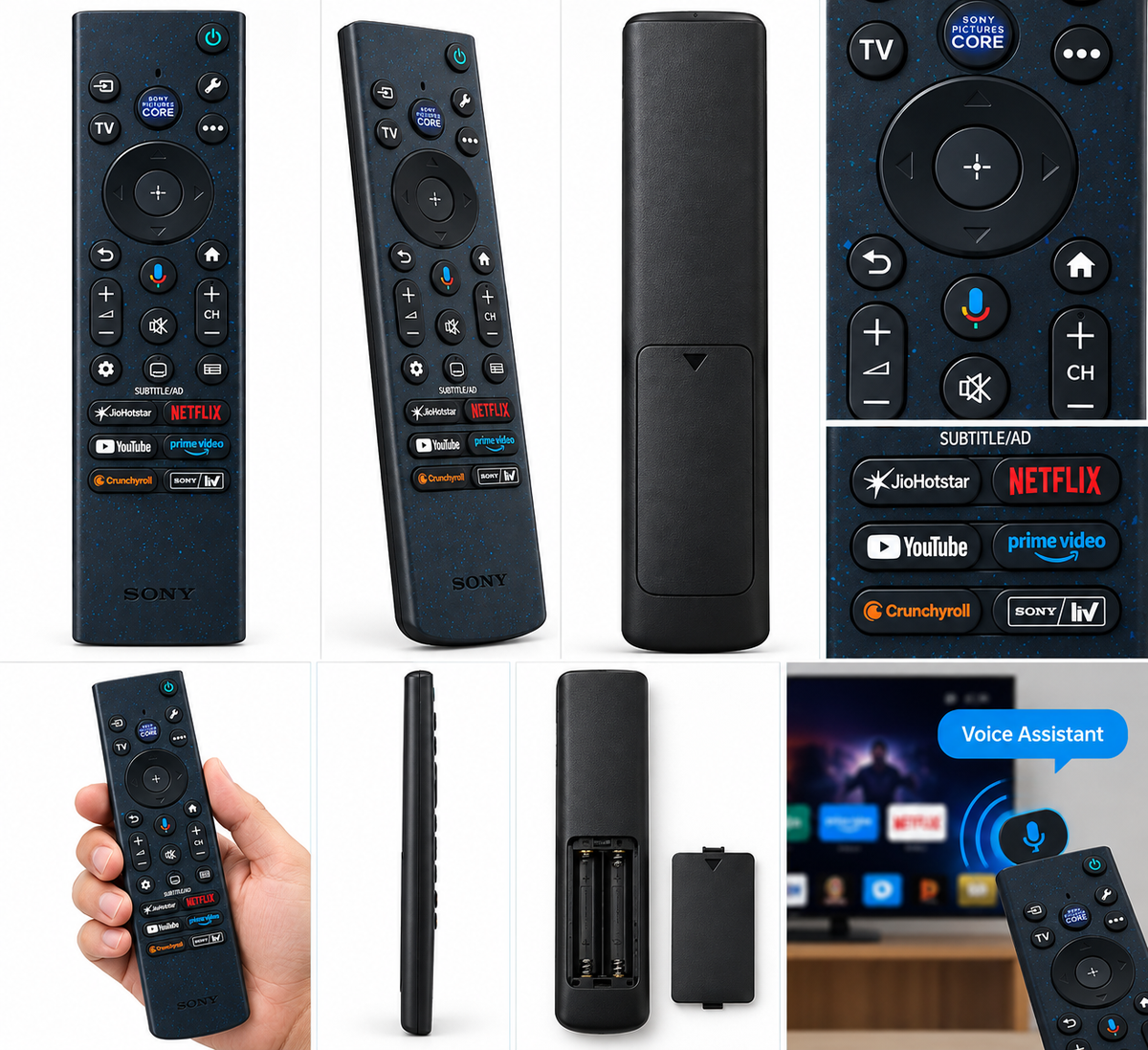 Sony Smart TV remote control product listing collage with front, rear, side, button close-up and lifestyle views