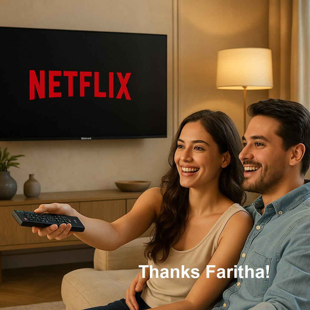 Couple sitting on a couch in a living room with a Netflix logo on the screen.