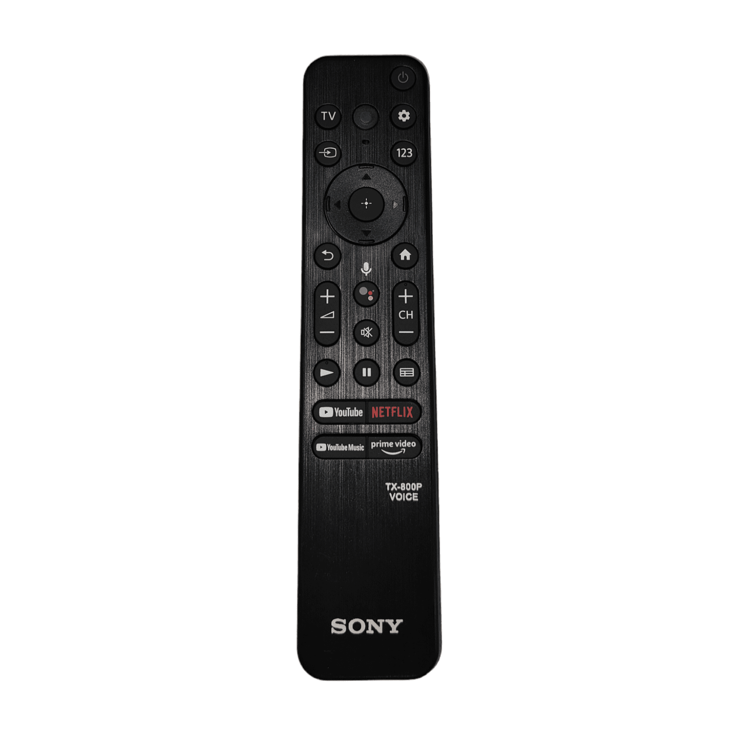 Original Sony Smart TV Remote closeup — Google Play Netflix YouTube Prime Video voice buttons India Faritha