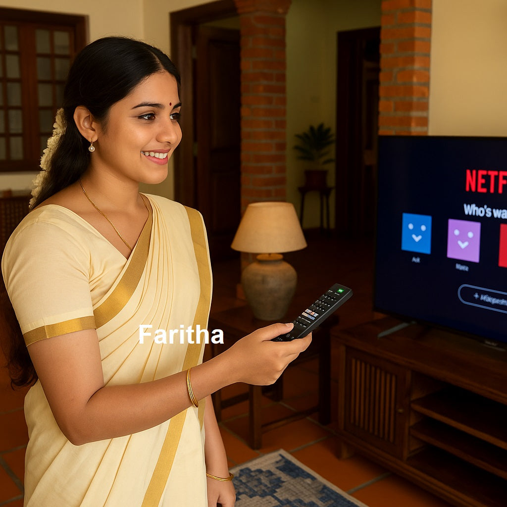 Woman using Sony Smart TV Remote — original Sony Bravia remote lifestyle photo India Faritha