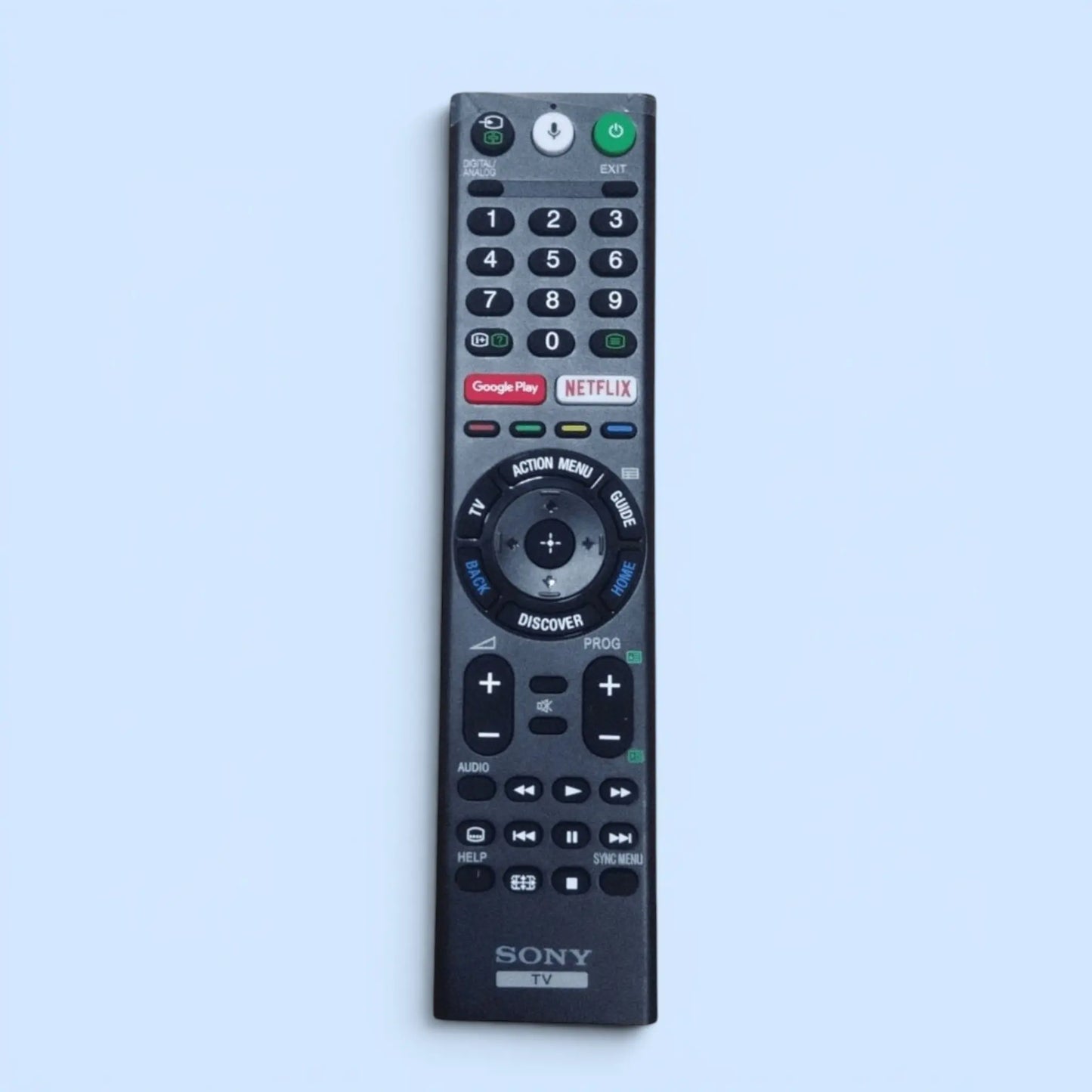 Replacement Sony Smart TV remote control compatible with Sony Bravia TVs featuring Netflix button, Google Play access, and voice search functionality.