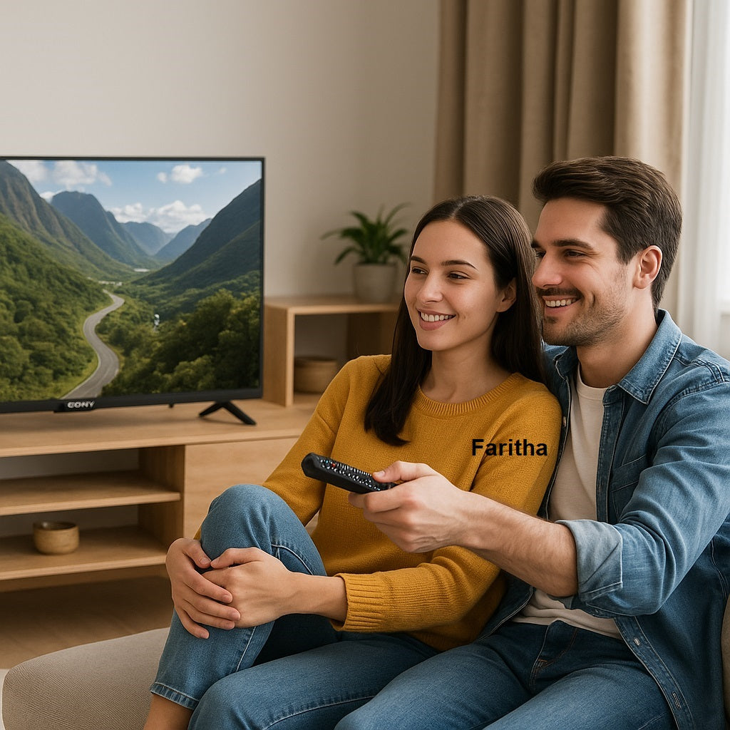 Couple sitting on a couch in a living room, watching TV and holding a remote control.