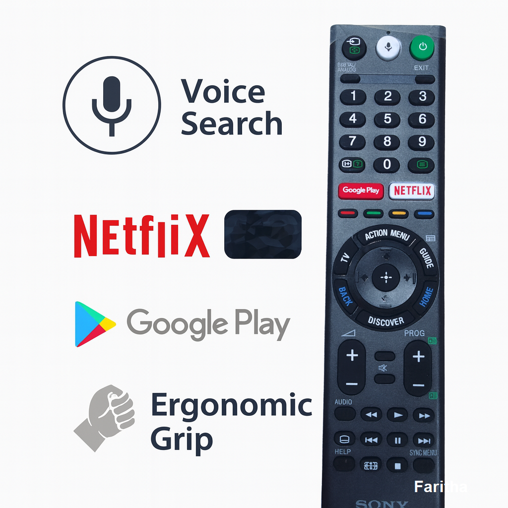Remote control with Netflix, Google Play, and Sony logos on a white background