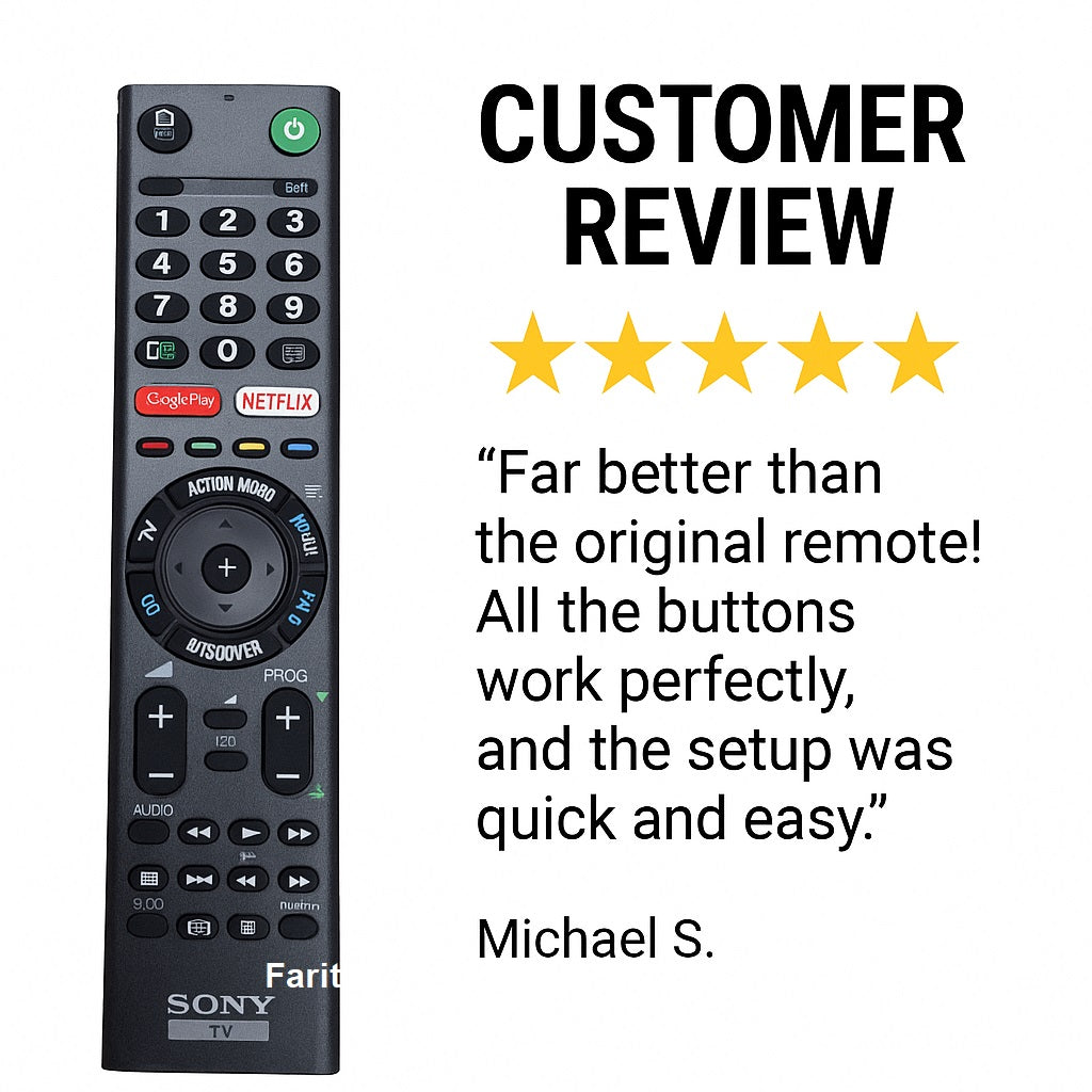 Sony Smart TV Remote front view — Netflix Google Play voice buttons, Sony Bravia compatible India Faritha