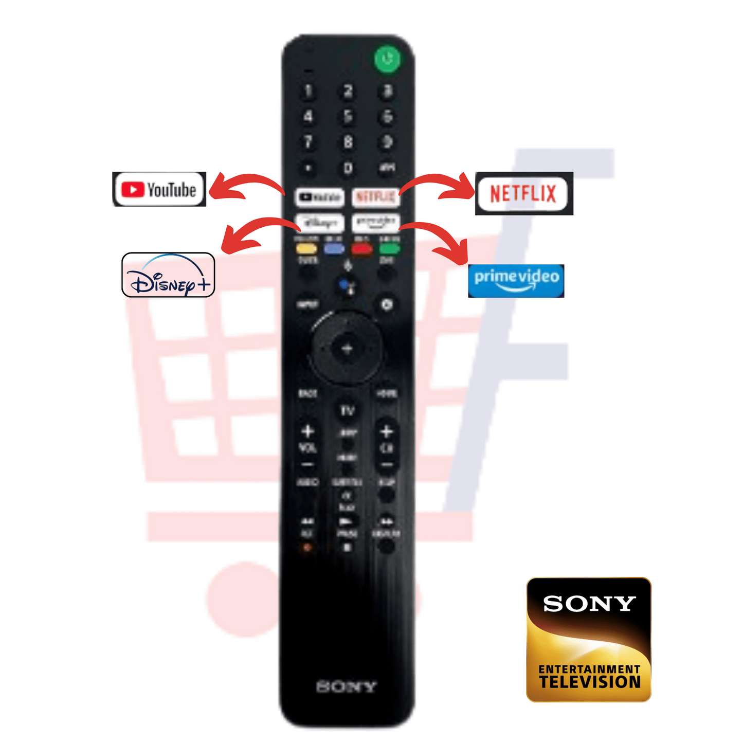 Sony Smart TV remote with OTT shortcut keys for YouTube, Netflix, Disney+, and Prime Video