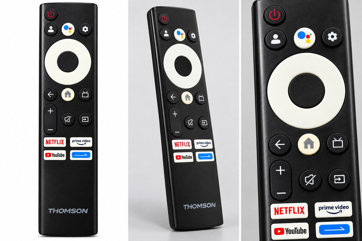 Thomson Smart TV Remote Control - front, angled and close-up views