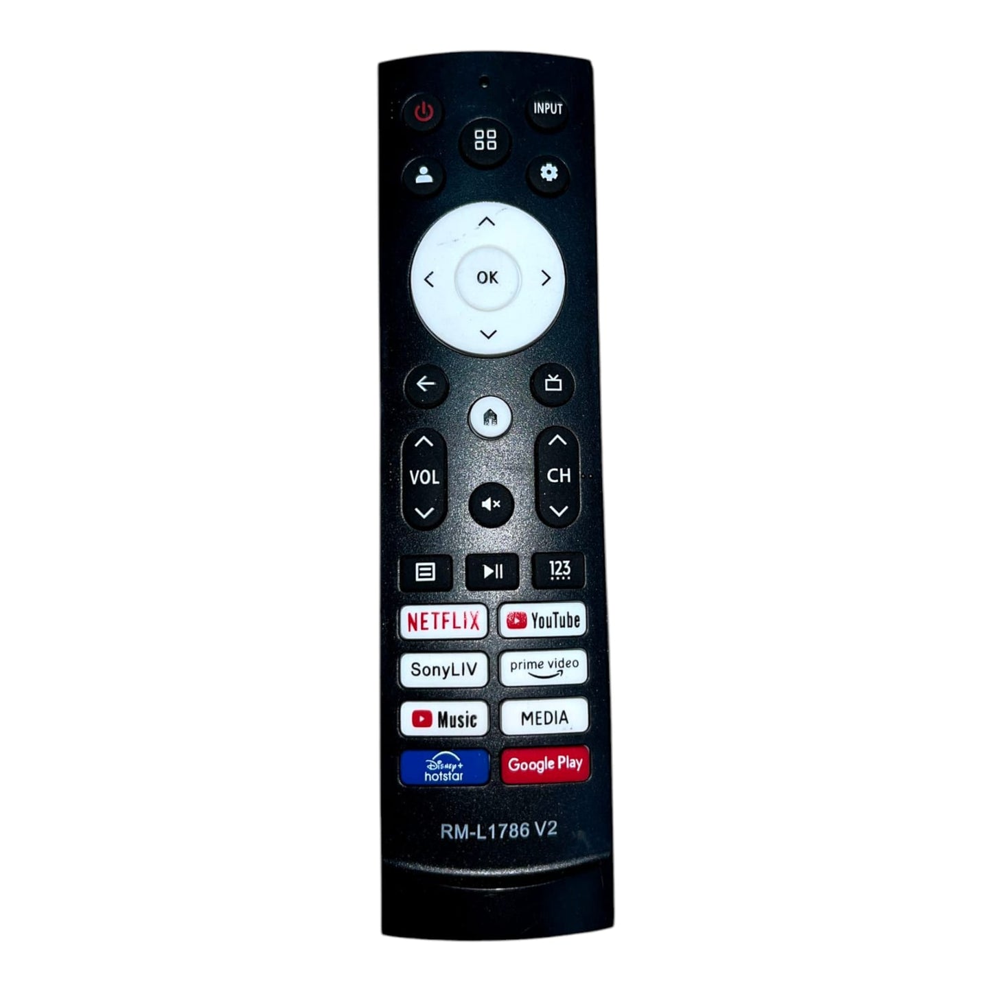 Black remote control with various buttons on a white background