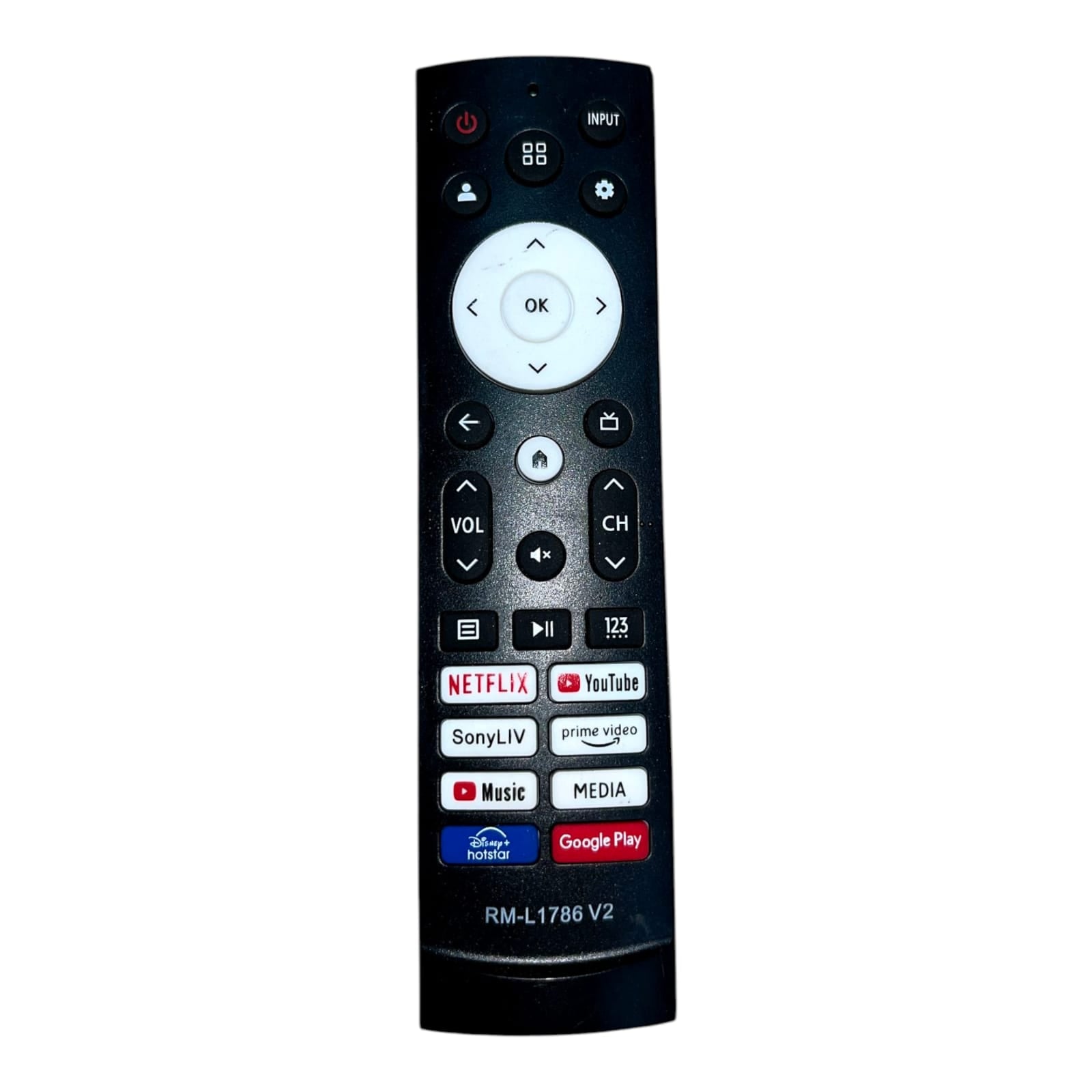 Black remote control with various buttons on a white background