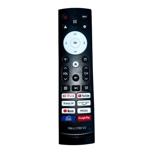 Black remote control with various buttons on a white background