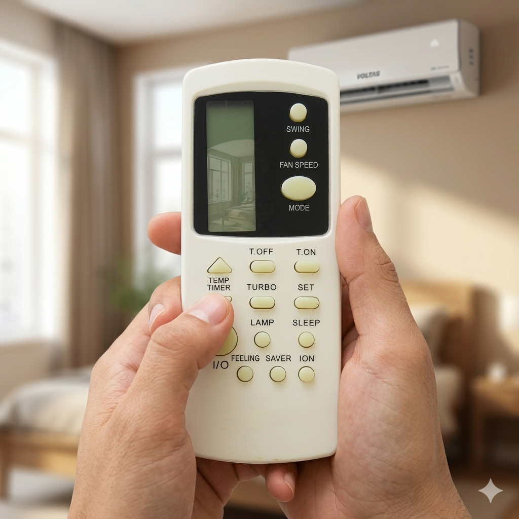 Voltas AC Remote Model 39 back view — 2 AAA batteries plug play India Faritha 2026