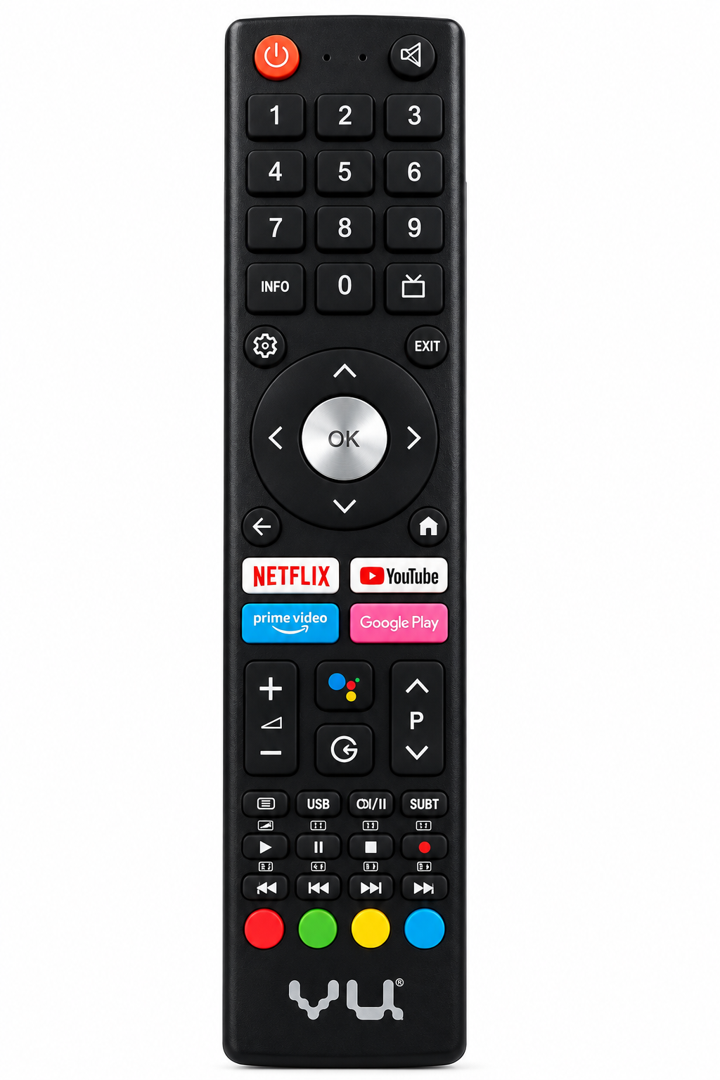 VU 55QML 55 inch 4K QLED Android TV remote control front view