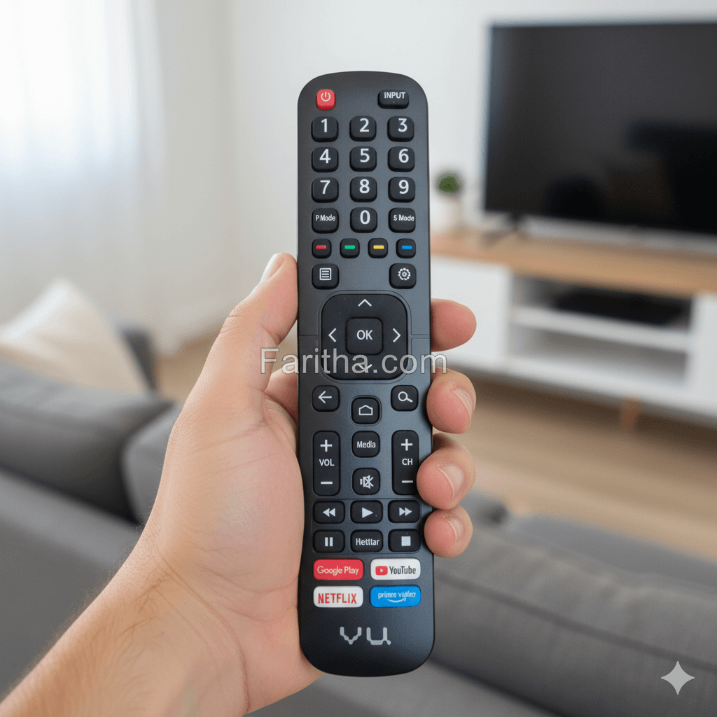 VU Smart TV Remote back view — 2 AAA batteries plug and play compatible India Faritha