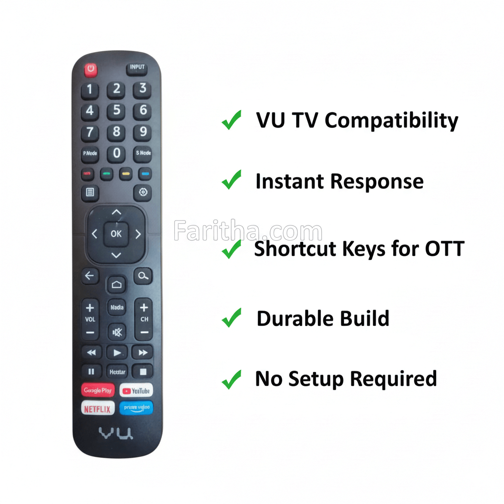 VU Smart TV Remote packaging — VU compatible remote India Faritha 2026