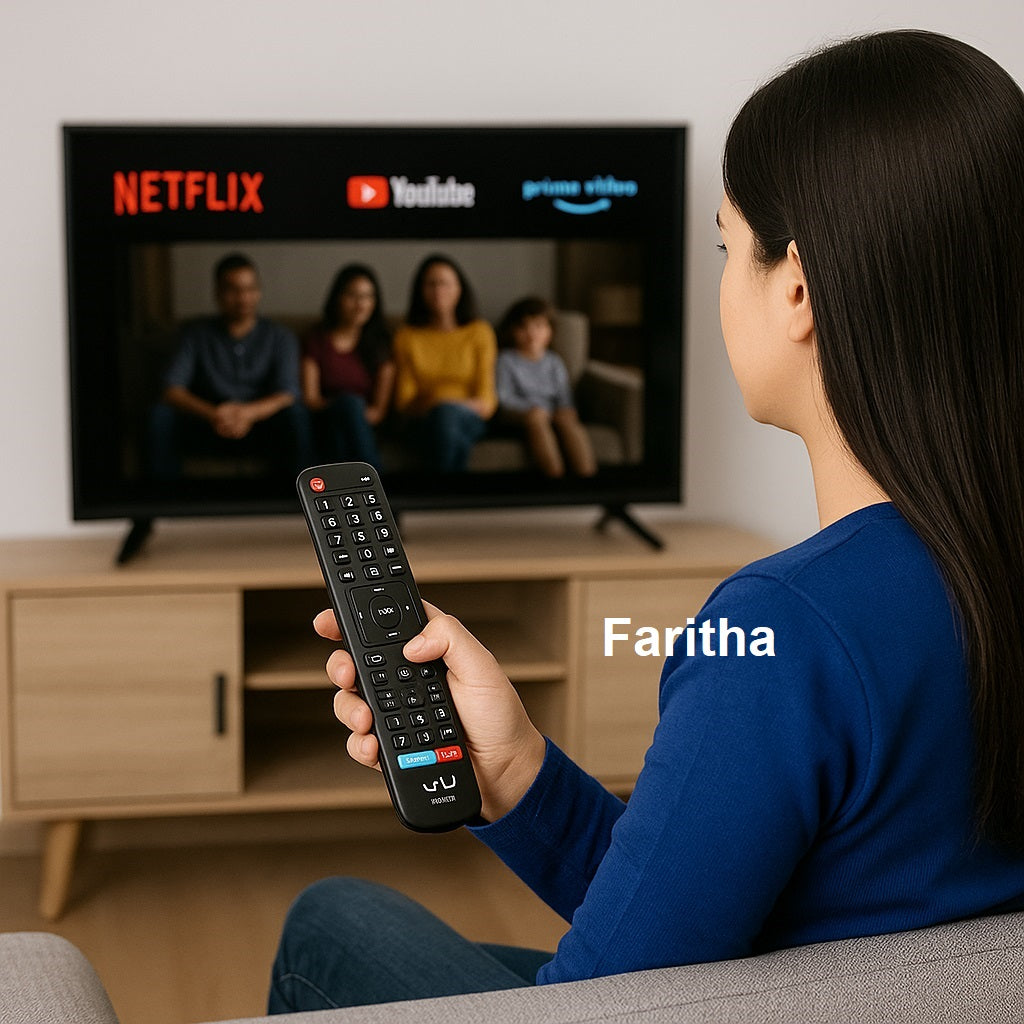 VU Smart TV Remote lifestyle — compatible VU remote used with streaming India Faritha