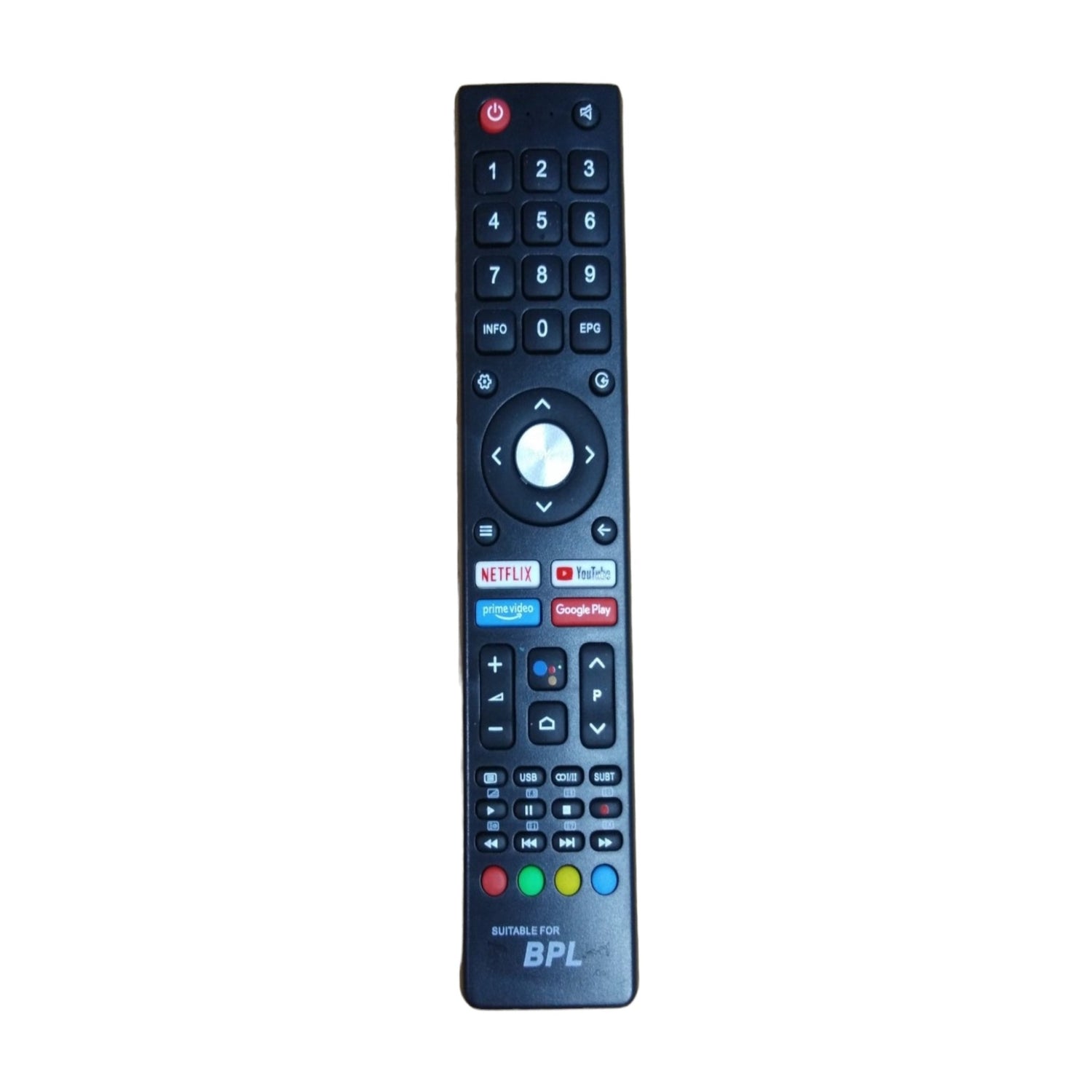 BPL Smart TV Remote front view — Netflix Prime Video YouTube Google Play India Faritha 2026