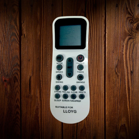Lloyd AC remote control with display screen and multiple buttons placed on wooden background – Faritha.com product image