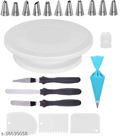  *Cake Decorating Kits Cake Turntable, 12 Numbered Cake Decorating Tips, 3 Icing Spatula, 3 Icing Smoother, 1 Silicone Piping Bag, 1 coupler , 1 set brush spatula , 8 pc colour measuring cup & spoons(Multicolour)* - Faritha